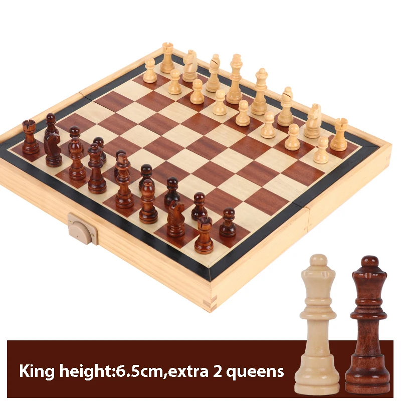 Wooden Chess Set 4 Queens Chess Game 35*35cm Foldable Wooden Chessboard King 65mm Family Board Game Gift Toy for Kids