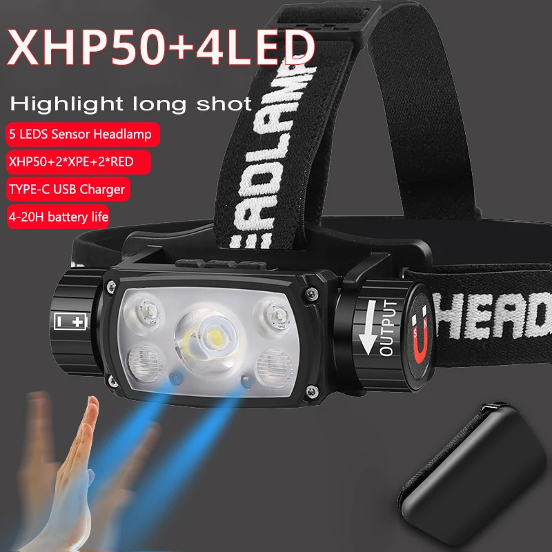 1000000LM Power LED Headlight XHP50 Sensor warning Headlamp Flashlight With Magnetic Work Head light for Camping,Running,Riding