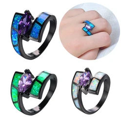 Vintage Blue Imitation Fire Opal Rhinestones Black Ring For Women Accessories Jewelry Wedding Party Charm Statement Gift