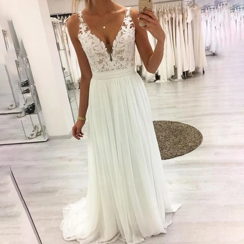 

MYYBLE 2021 Simple A Line Wedding Dresses New Sleeve Lace Applique V Neck Floor Length Chiffon Wedding Gowns Party Dress