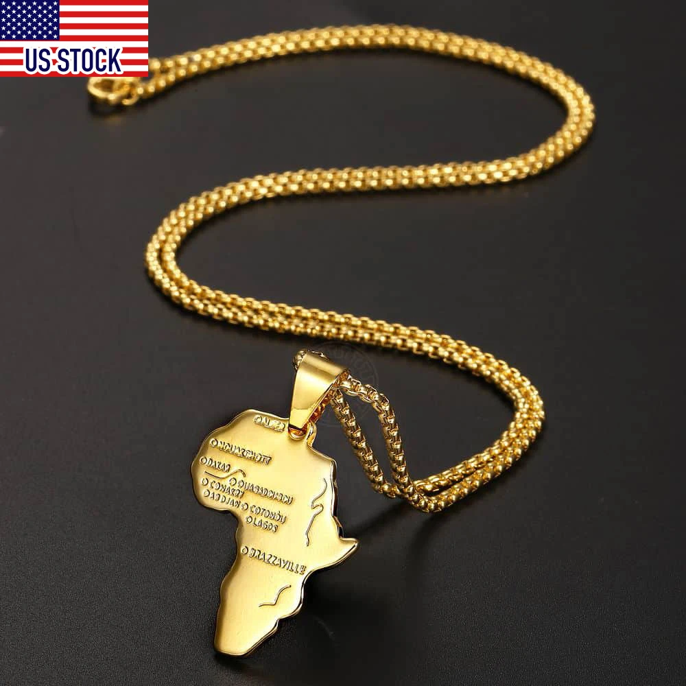 Pendant Necklace for Men Women Gold Color Africa Map Shape Pendant Box Link Chain Necklace Dropshipping DGP56A