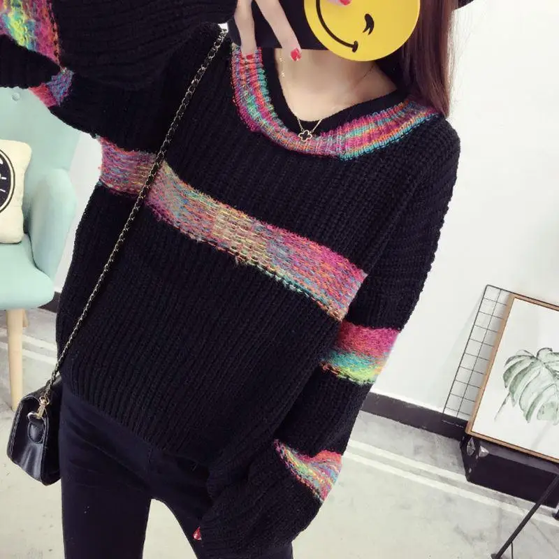 

Autumn / winter 2020 stripe contrast round neck Pullover thickened sweater female lazy loose thin sweater fashion