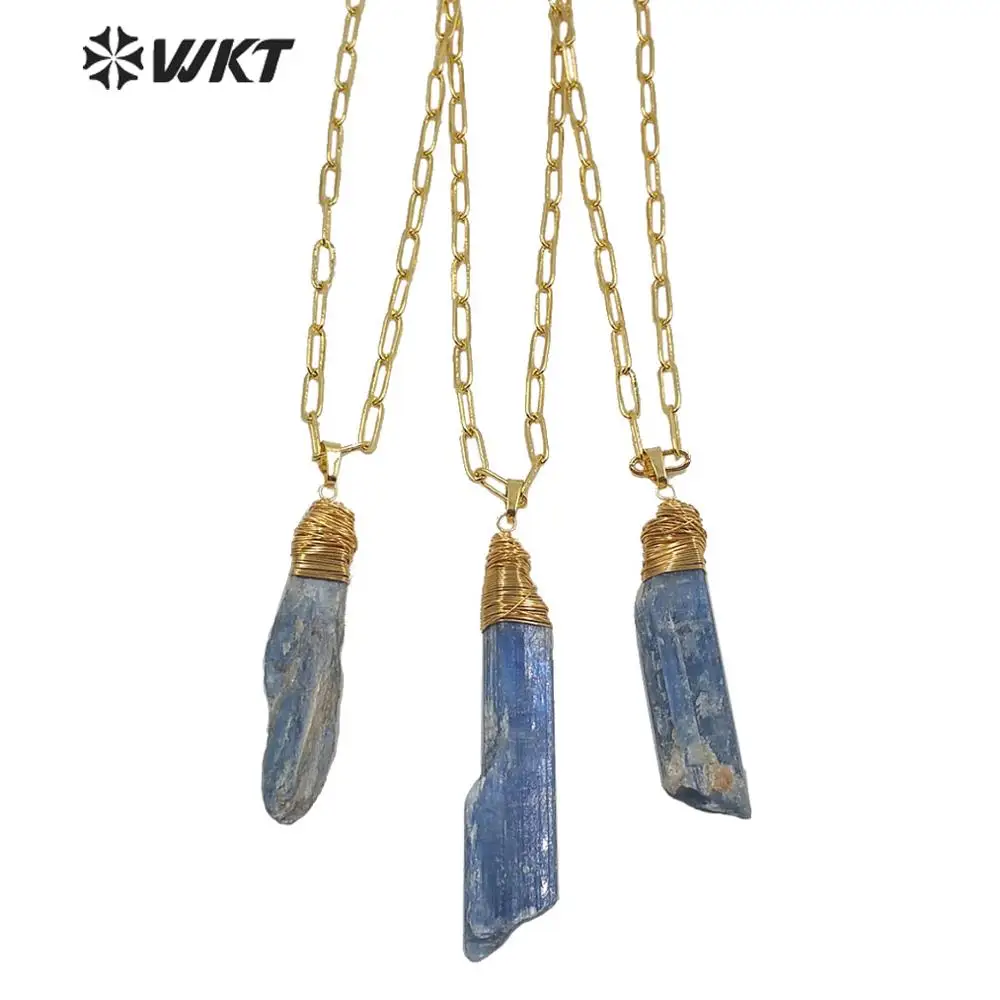 

WT-N1221 popular blue kyanite necklace raw stone with gold electroplated brass link chain wire wrapped stone necklace