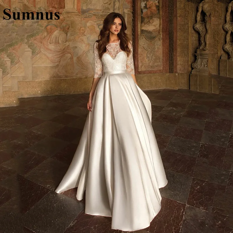 Iovry Satin Hochzeit Kleid Halbe Hülse Spitze Appliques Prinzessin Braut Kleider Lange Luxus Dubai Brautkleid Bodenlangen Anpassen