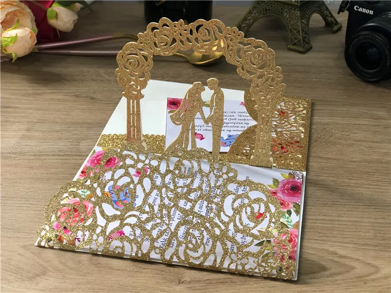 

100x 3D Pop up wedding invitations laser cut wedding cards holder with envelope Rsvp custom marriage Silver Rose Gold Champange