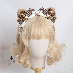 Original Handmade Sweet Soft Girl Lolita Brown Pink Cat Ear Headband Hair Accessories Cute Lolita Bow KC Headdress