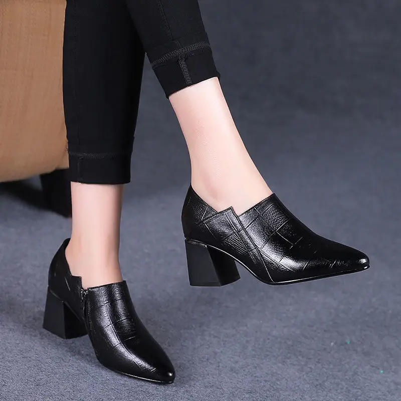 FHC New Women Pumps,Square High Heels,Soft PU Leather Work Shoes For Office Lady,Pointed Toe,Side Zipper,Black,Dropship