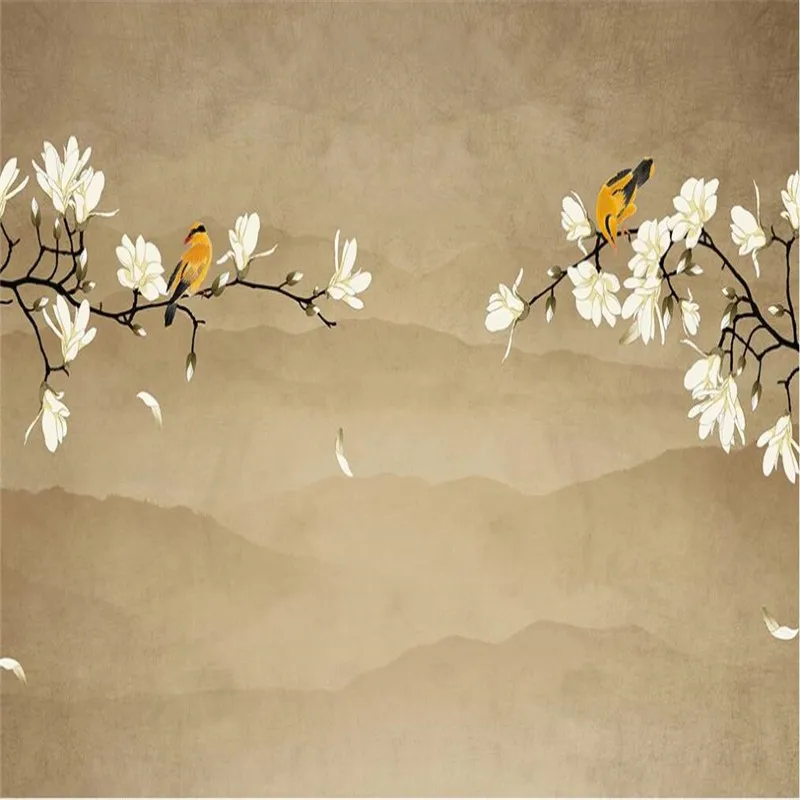 Custom mural wallpaper Chinese style magnolia flower hand-painted flowers and birds background wall decoration painting