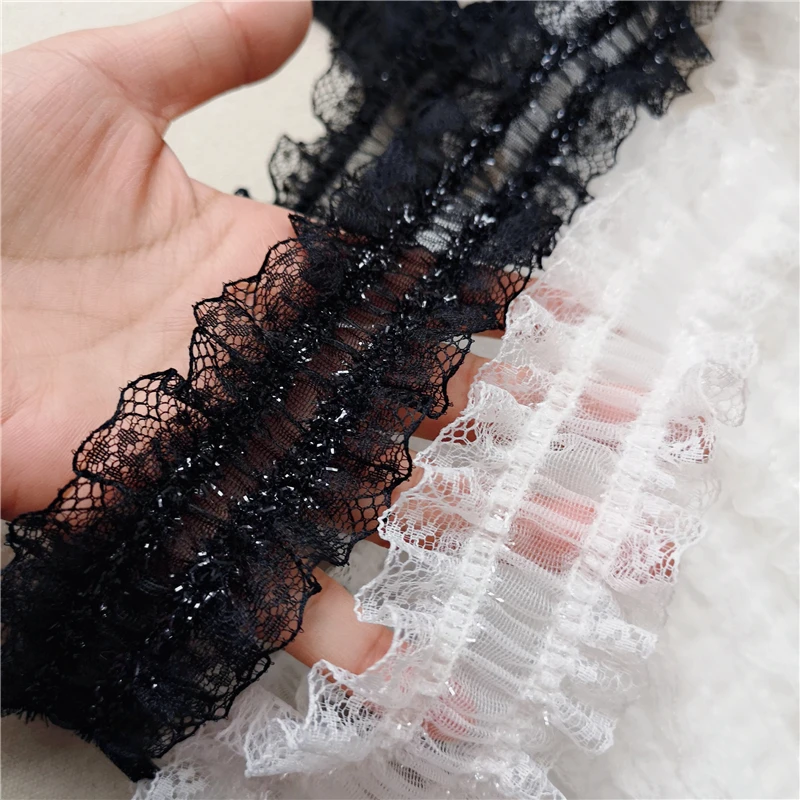 5CM Wide White Black Soft Tulle Fabric Stretch Lace Embroidered Ribbon Elastic Ruffle Trim Cuffs Neckline Sewing Appliques Decor