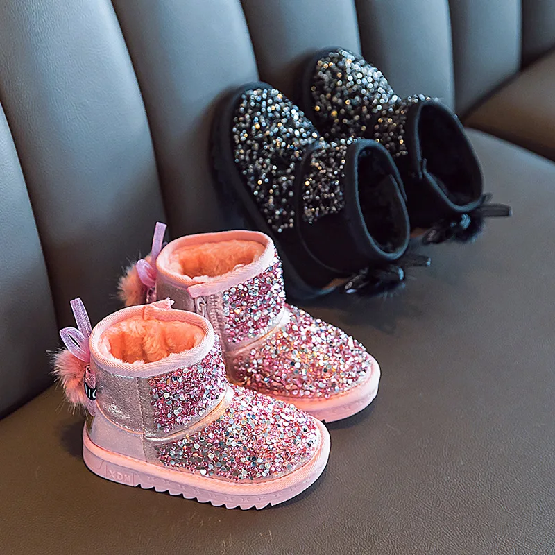 Moda novo inverno crianças sapatos princesa glitter meninas orelha de coelho anti deslizamento pé mais quente botas de tornozelo neve 1-12 anos de idade