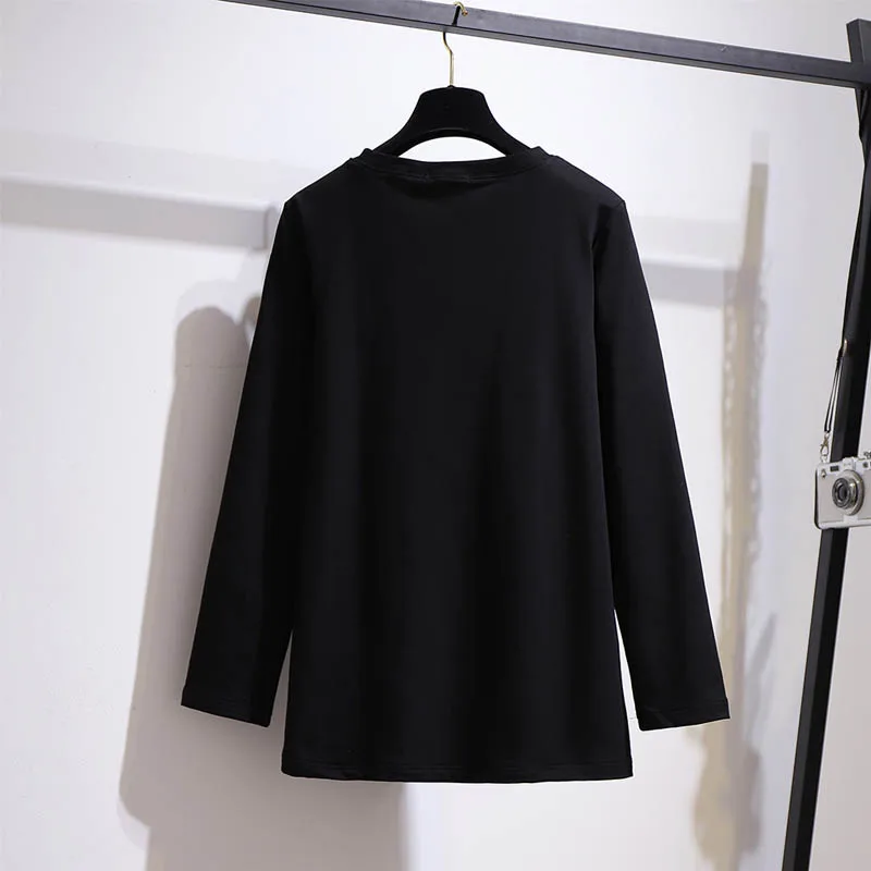 150Kg Plus Size Women\'s Spring Autumn Button Solid T-Shirt Bust 149cm 5XL 6XL 7XL 8XL 9XL Long Sleeve Round Neck Top Black