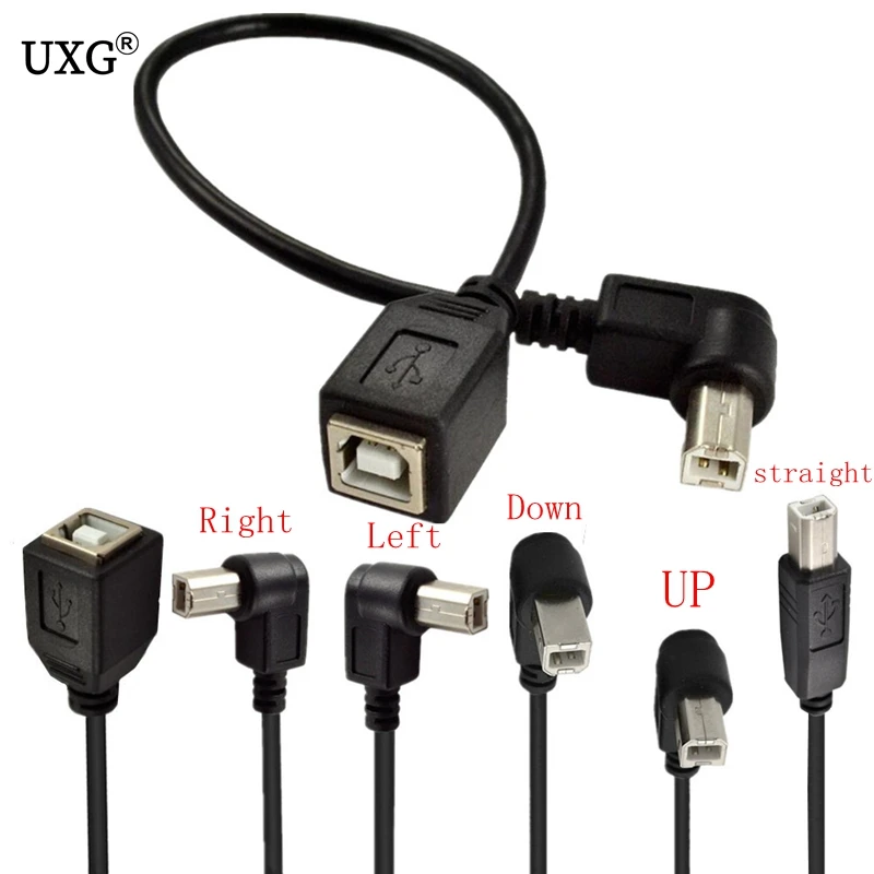 Kątowy kabel USB typu B męski na USB B żeński do drukarki nowy przedłużacz synchronizacyjny 0,25 m w górę i w dół, w lewo i w prawo 90 stopni