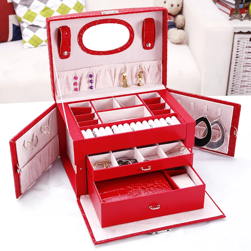 Gift Jewelry Box Female Princess European Korea Earrings Lockable Jewelry Storage Box Multi-storey Large Capacity Dressing Case