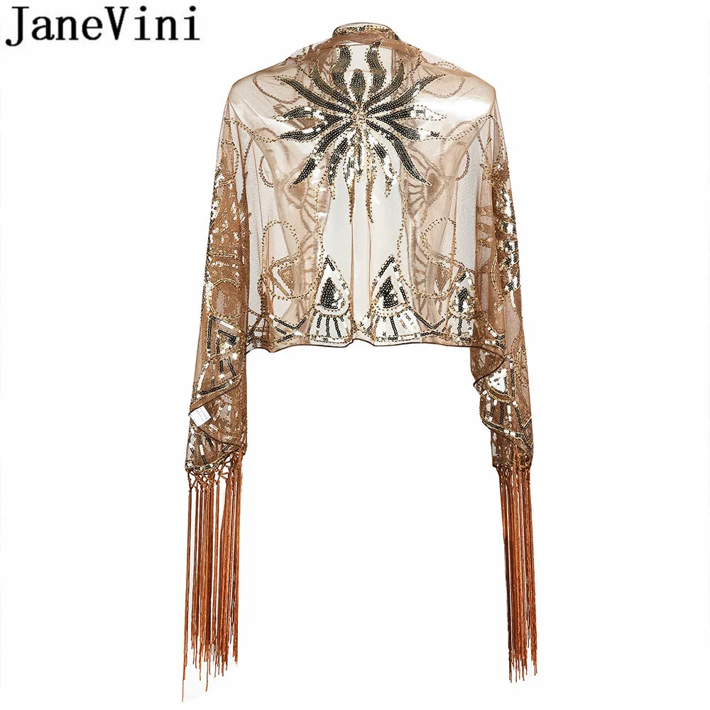 JaneVini Bling Silver Sequins Bridal Shawls Wraps Capes Beaded Gold Bolero Sequin Estola Tassel Shrugs for Women Evening Dress