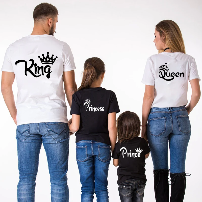 Family Matching Clothes Mother Father Daughter Son Kid Tshirt Family KING QUEEN Letter Printing Clothes Mommy and Me Top