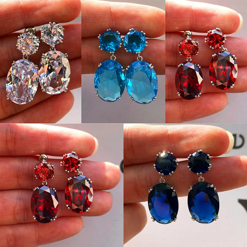 New Fashion Big Zircon Earrings Ladies Elegant Simple Earrings Blue Red Pendant Earrings Popular Jewelry