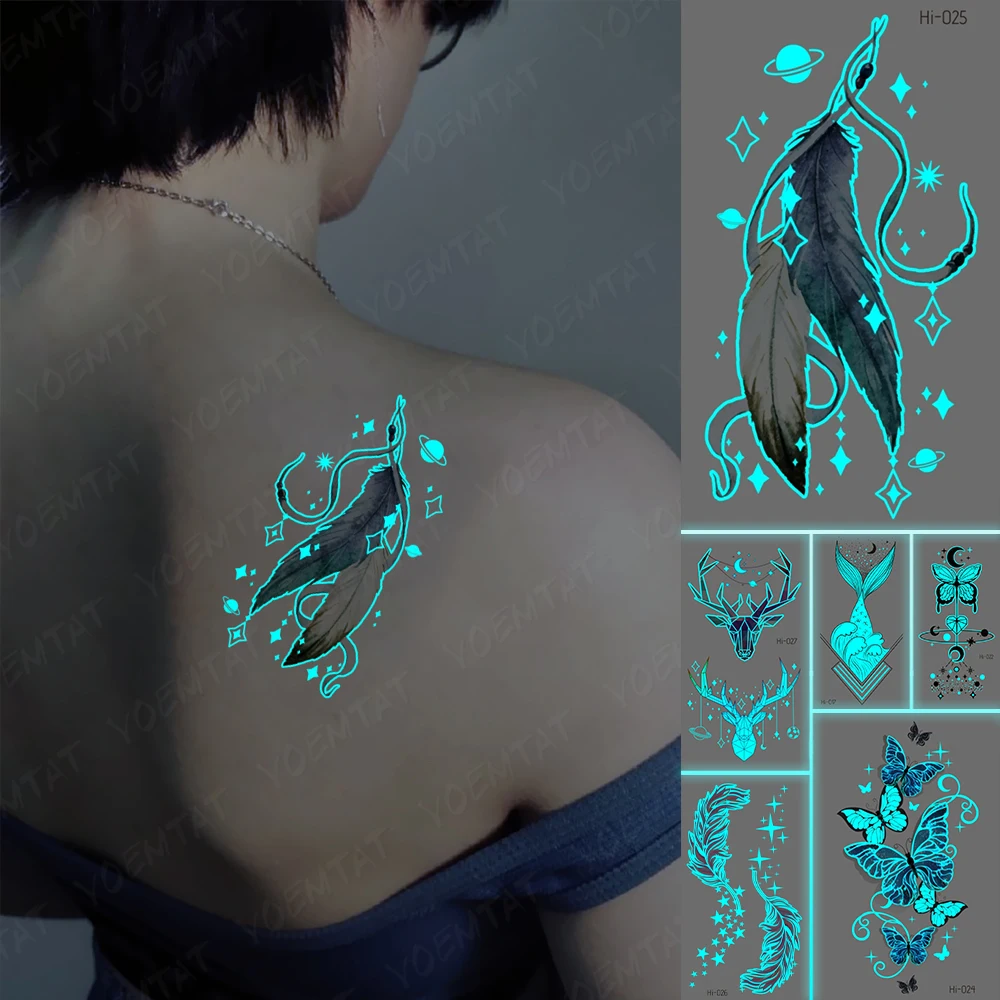 

Blue Luminous Glow Tattoo Sticker Feather Dreamcatcher Waterproof Temporary Tatoo Universe Fingers Wrist Fake Tatto For Body Art