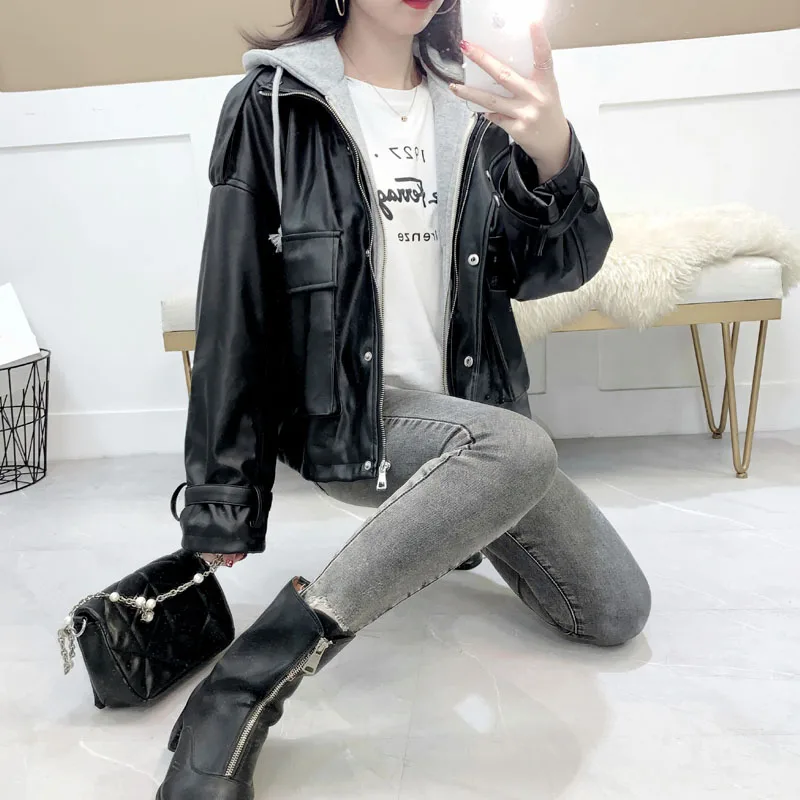 Ailegogo novo outono feminino com capuz solto preto plutônio falso jaqueta de couro streetwear moto motociclista zíper bolso casaco à prova de vento outwear