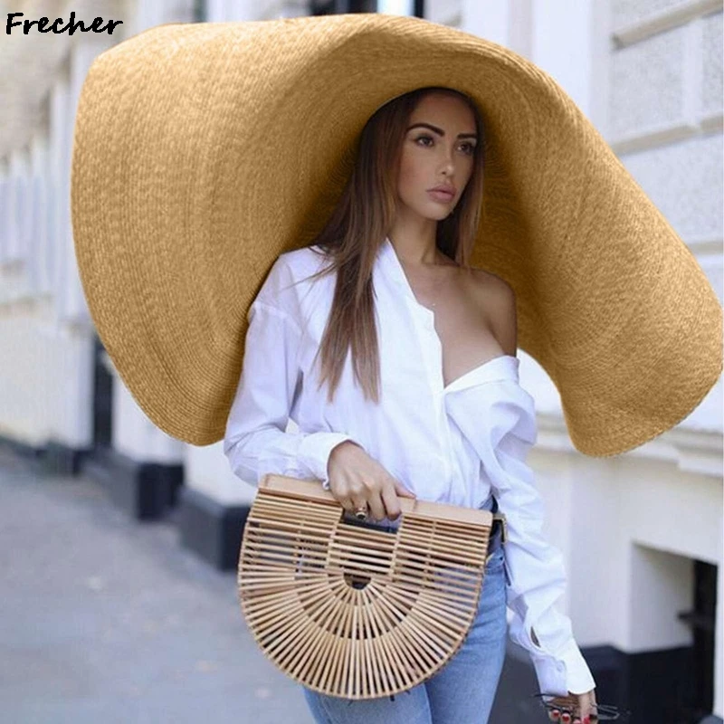 80CM Fashion Large Sun Hat Summer Anti-UV Protection Foldable Straw Cap Woman Cover Oversized Collapsible Sunshade Beach Hat