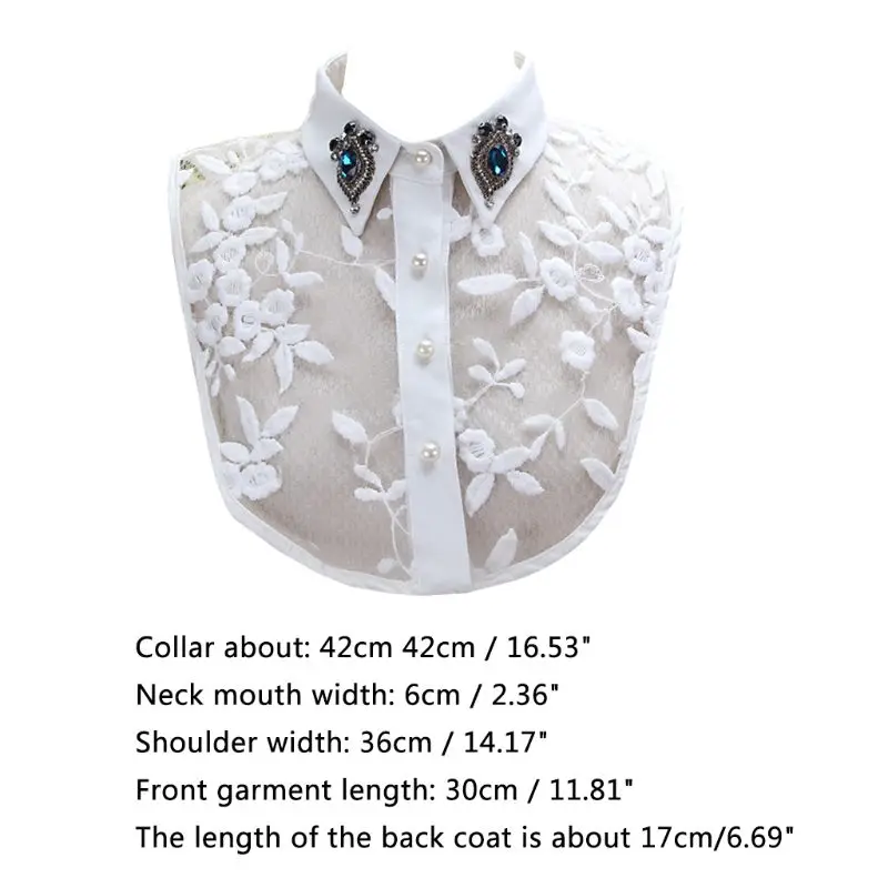 Women Faux Crystal Lapel Detachable Half-Shirt Imitation Pearls Lace Fake Collar F3MD