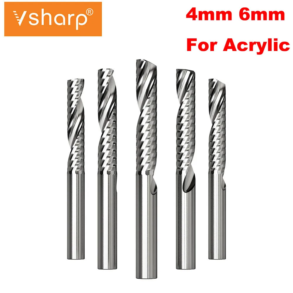 Vsharp 3A Single Flute Spiral End Mill Tungsten Carbide Milling Cutter CNC Bits 4mm 6mm Shank PVC Acrylic Wood Cutting Engraving