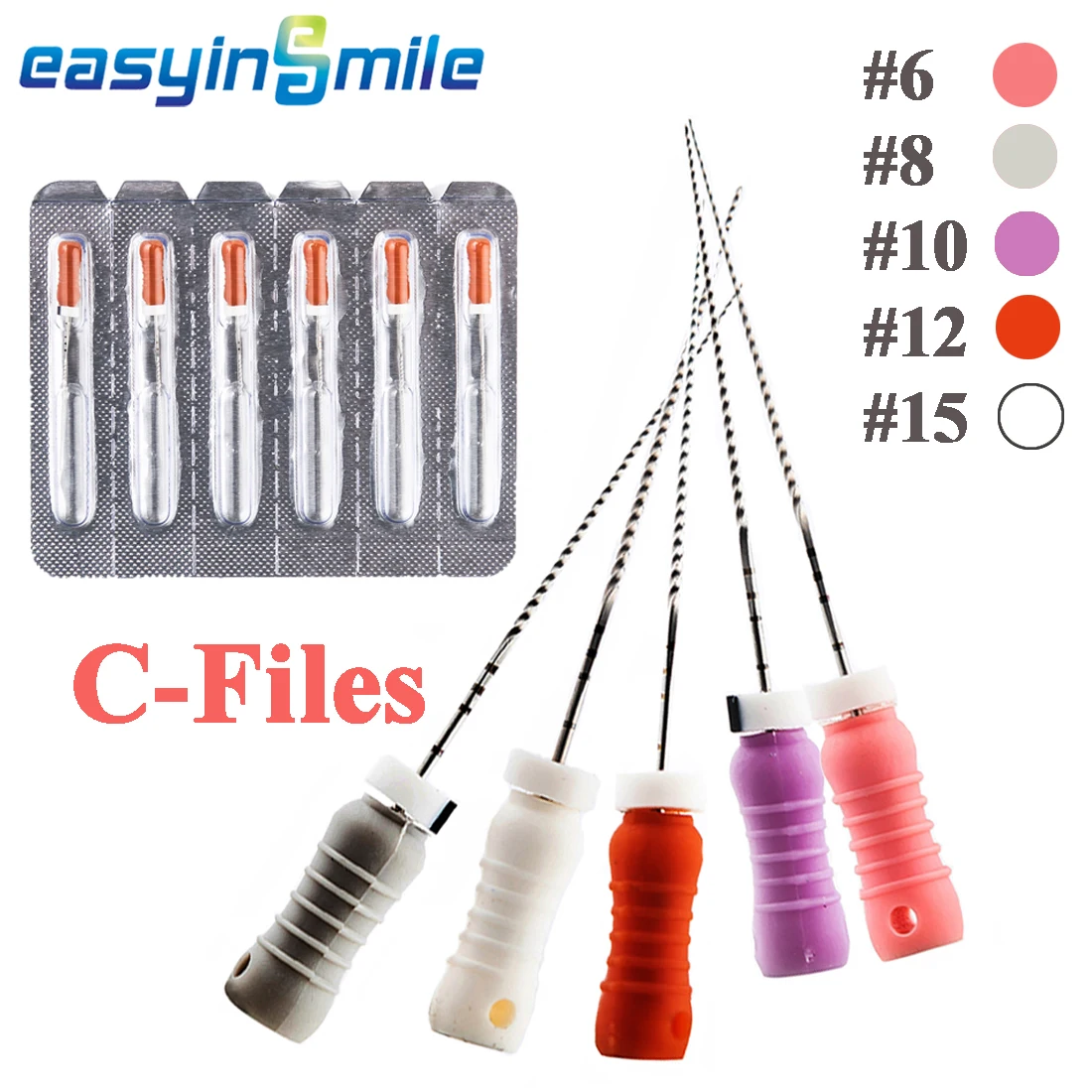 

EASYINSMILE Endodontic Hand Files Dental Stainless Steel C File 25MM for Calcified Root Canal (#6/#8/#10/#12/#15)