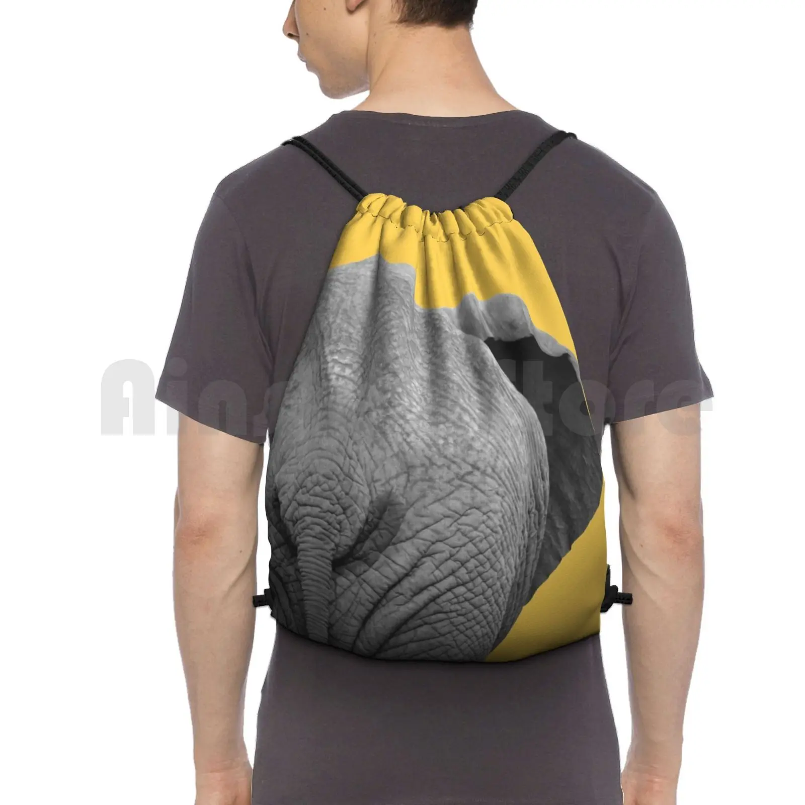 Elephant Wet Bum , Light Mustard Backpack Drawstring Bag Riding Climbing Gym Bag  Black And White Digital Manipulation