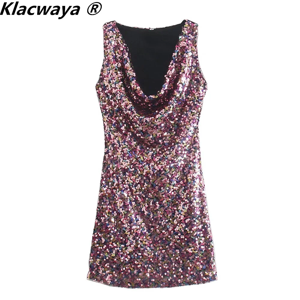 Klacwaya Sexy Dresses For Women 2022 Vintage Multicolour Sequin Dress Swinging Collar Sleeveless Woman Clothes Glitter Dress