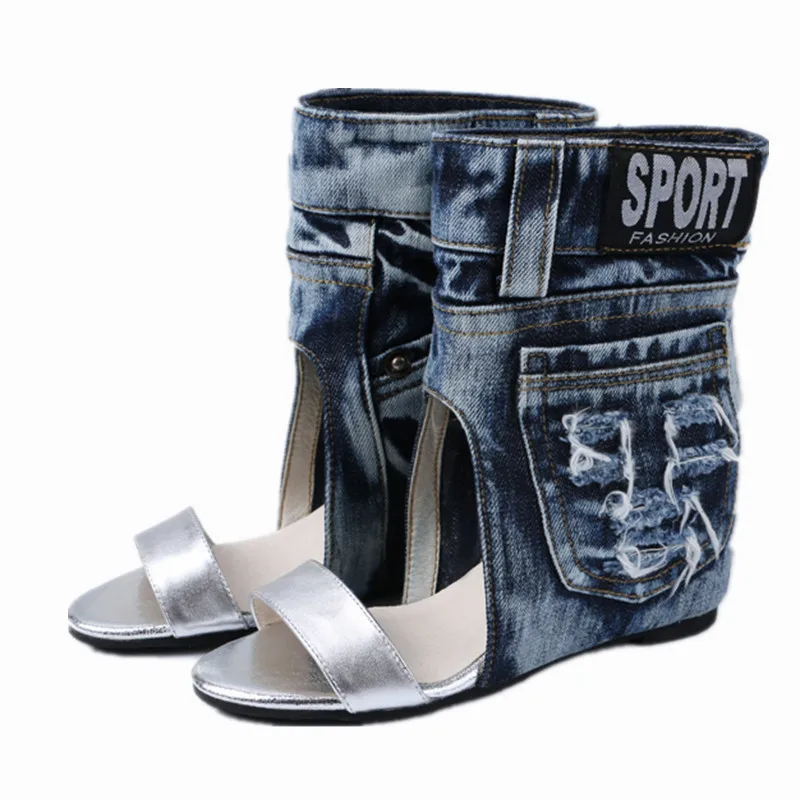 

Women Summer Boots Denim Sandals Female Peep Toe Ankle Botas Gladiator Wedge Shoes Ladies Height Increasing Wedges