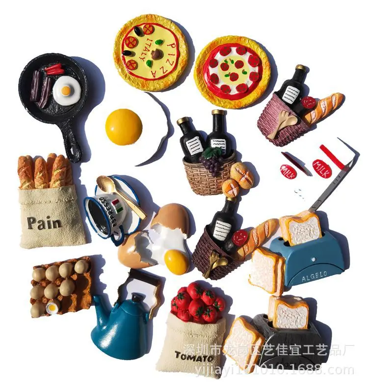 3D French Bread Basket Egg Milk Pan Breakfast Tomato Magnetic Refrigerator Paste Sticky Home Decoration Food Fridge Magnet