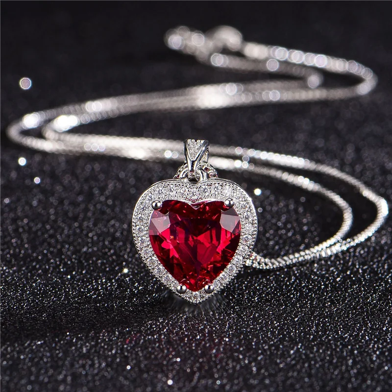 Bright Crystal Red Heart Pendant Necklace For Lady Engagement Accessories Trendy 925 Silver Necklace Choker Women Jewelry Gift