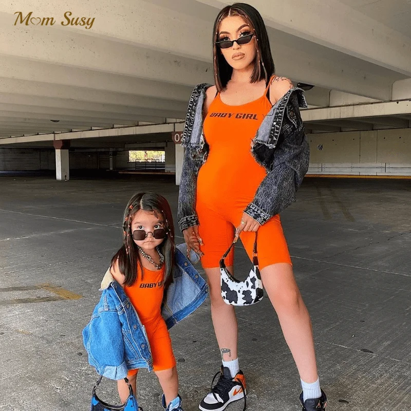 Fashion Family Matching Strap Jumpsuit Mom Daughter Sleeveless Pullover Sport Outfit Summer Overalls Onesies Solid Color