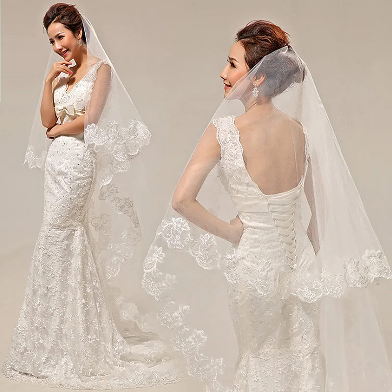 White Cathedral Wedding Veils Short One Layer Classic Bridal Veil Appliques Lace Edge No Comb Wedding Accessories