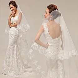 Velo de novia de catedral blanca, velo corto de una capa, clásico, con apliques, borde de encaje, sin peine, accesorios de boda