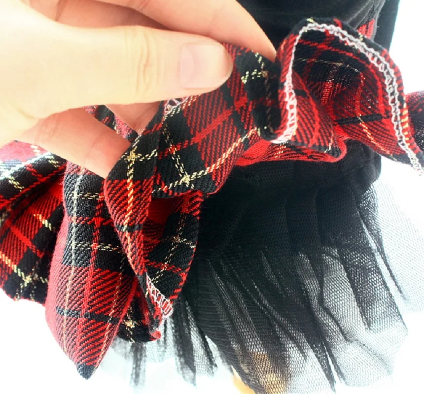 Handmade Dog Clothes Pet Dress Classic Scotch Check Skirt English Style School Uniform Black Shirt Top Lace Collar Sleeves Cat