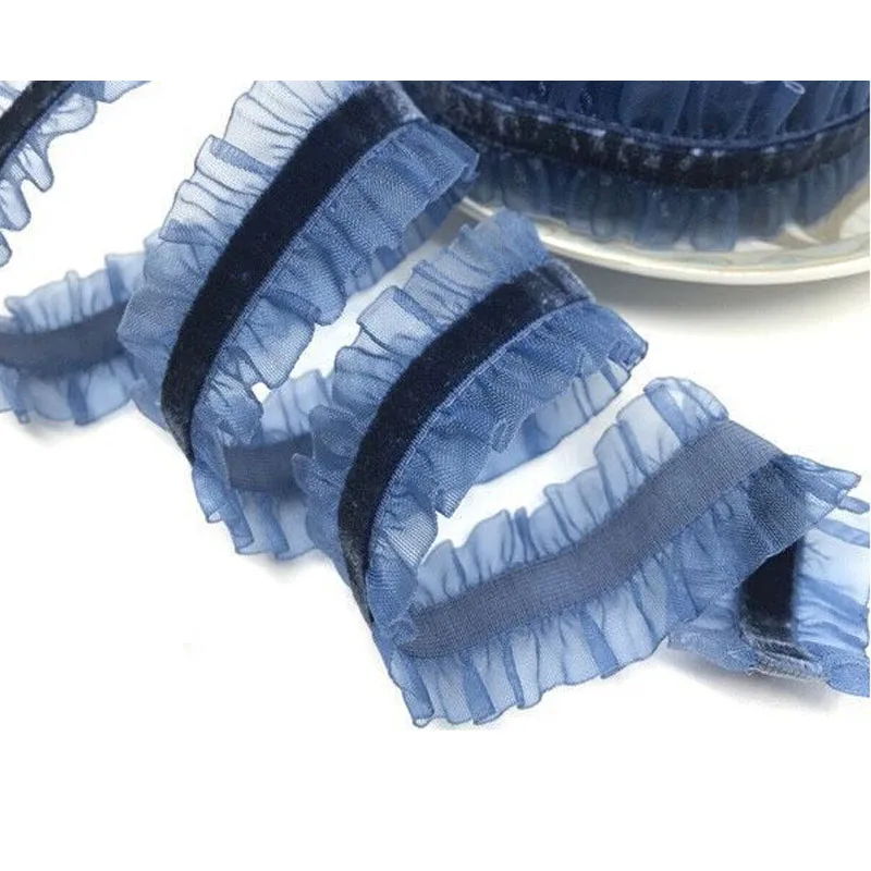 4y/50y Organza Ruffle Elastic Lace Trim 2.5cm Velvet Ribbon Stretch Band for Chocker Garment Handmade Sew Patchwork Accessories