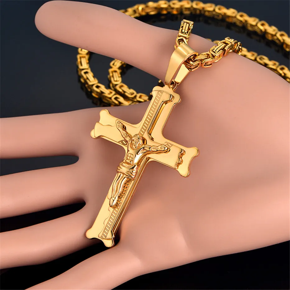 Fashion Byzantine Chain,Christ Cross Stainless Steel Long Necklace for Men Gold Color Statement Necklace Jewelry collares largos