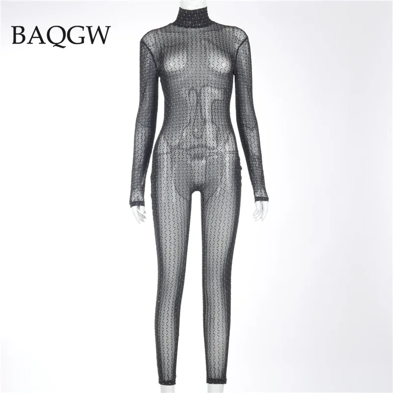 Mesh Plaid Sheer Jumpsuit Women Turtleneck Full Sleeve Streetwear Sexy See Through Skinny Night Clubwear Zip One Piece Outfits