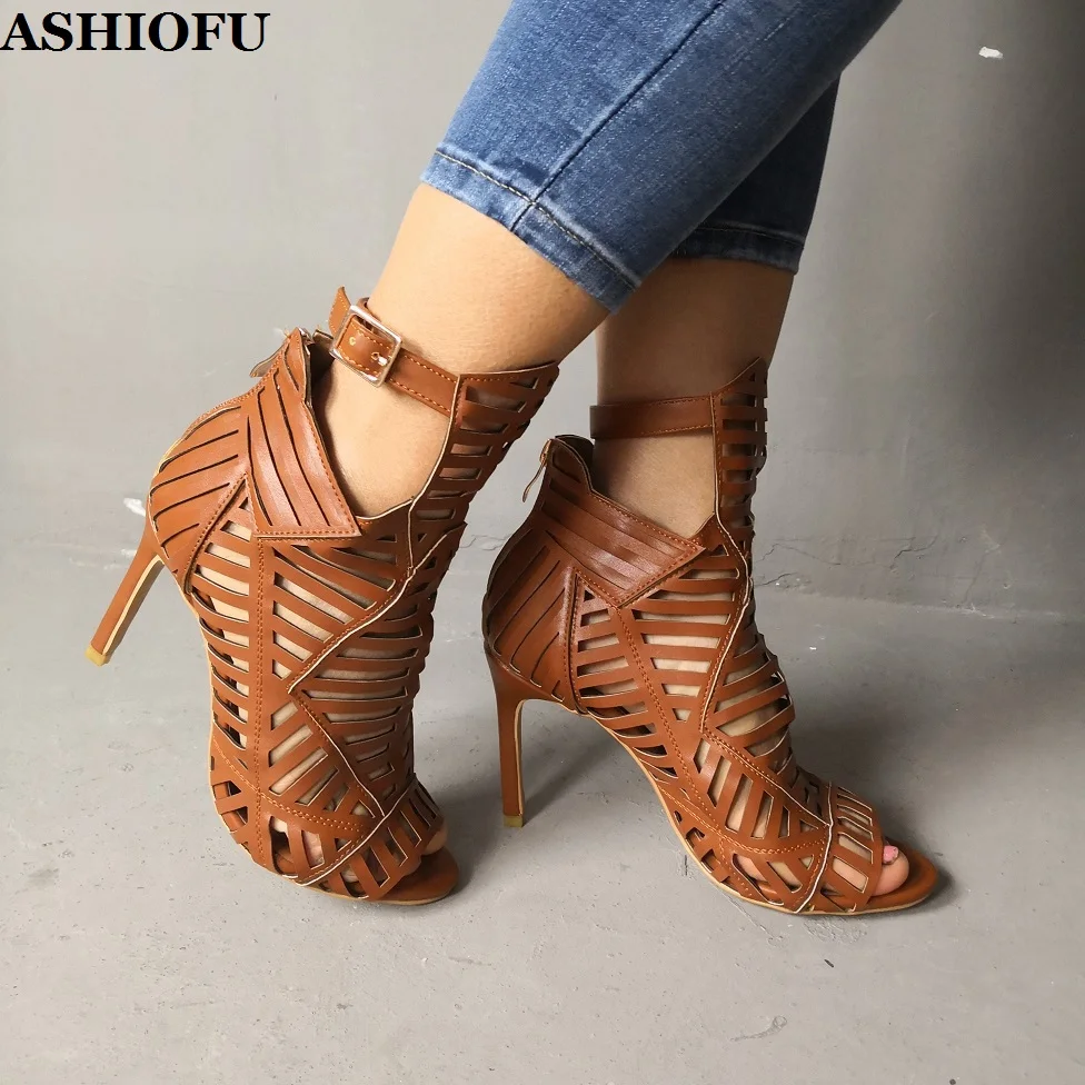 

ASHIOFU Handmade Women High Heel Sandals Real-pictures Party Prom Dress Shoes Cut-out Sexy Club Evening Fashion Daily Wear Shoes