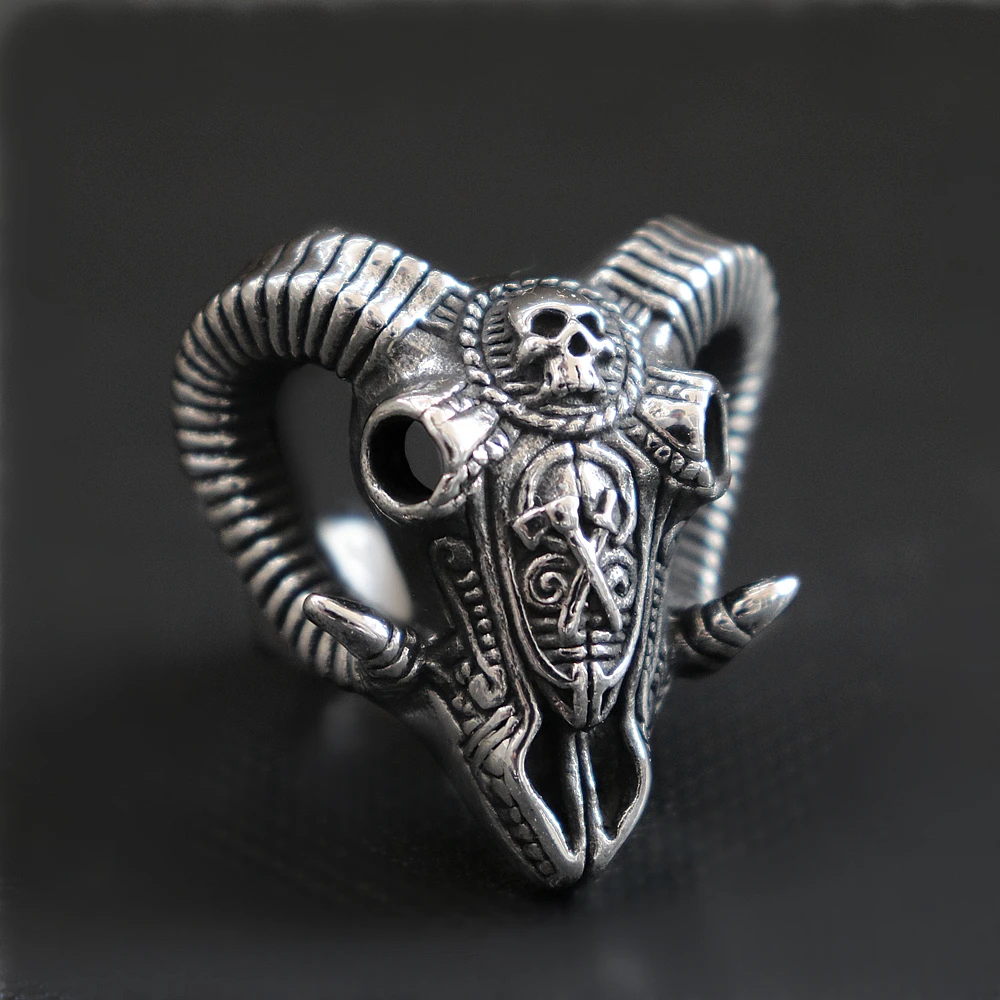 EYHIMD Evil Sacrifice Sorcerer Goat Head Mask Skull Rings Mens Punk Rock 316L Stainless Steel Ring Demon Biker Jewelry