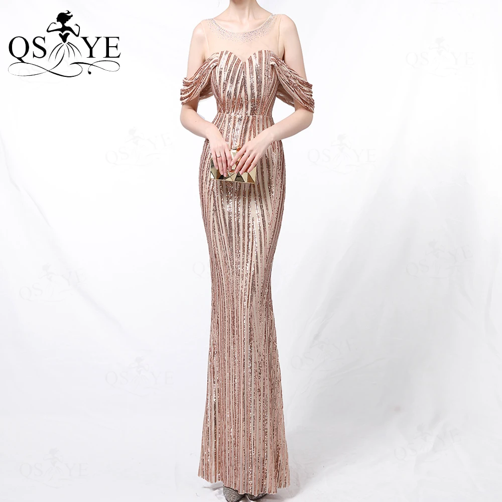 Vertical Stripes Sequin Gold Evening Dress Mermaid Long Party Dress Side Sleeves Nude Neckline Hot Drilling Gold Fit Prom Gown