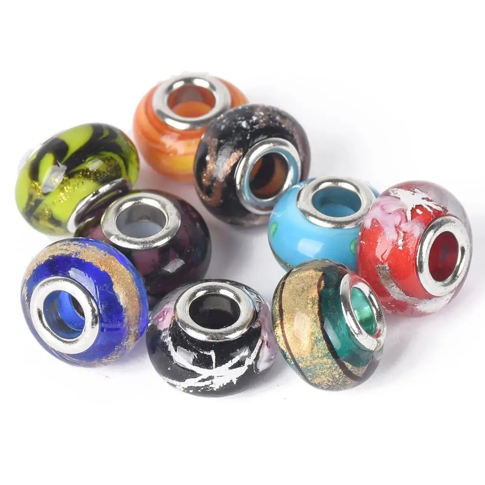 5pcs 14x9mm Round European Charms Handmade Murano Lampwork Glass Big Hole Beads for Jewelry Making Bracelet DIY 44#~110#