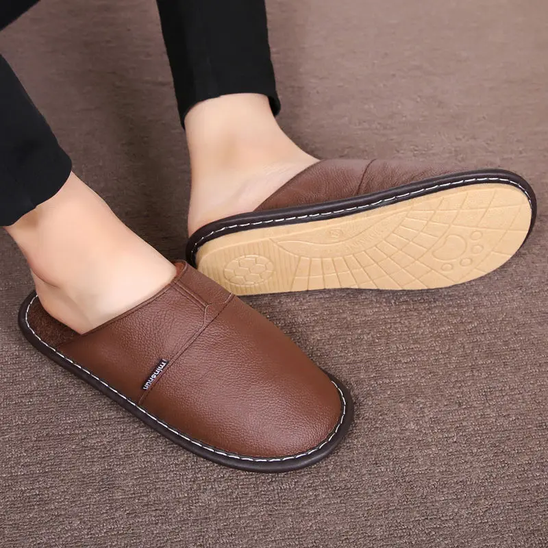 Real Cow Leather Slippers Men Indoor Home Shoe 2020 Spring New Arrival Classic Flat Short Plush Slippers Man