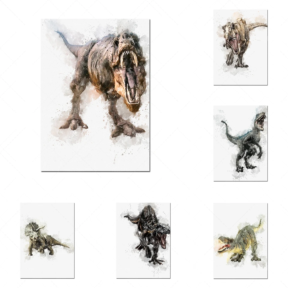 ensemble de 6 empreintes de dinosaure, ensemble de dinosaure aquarelle, affiche de dinosaures, aquarelle de dinosaure, art mur d