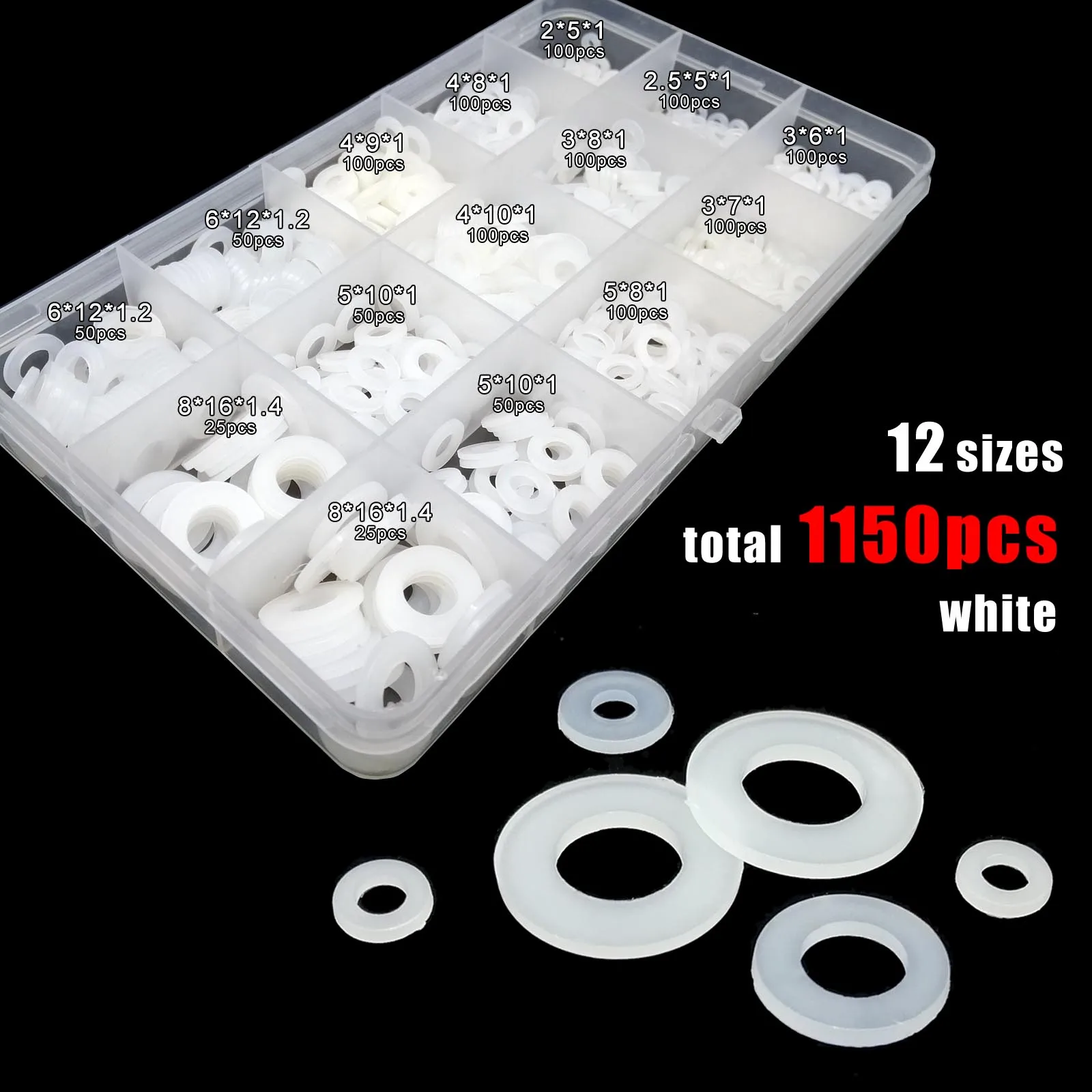 Total 475/1150pcs M2 M2.5 M3 M4 M5 M6 M8 White Black Plastic Nylon Flat Washer Plain Insulation Gasket Ring Assortment Kit Set