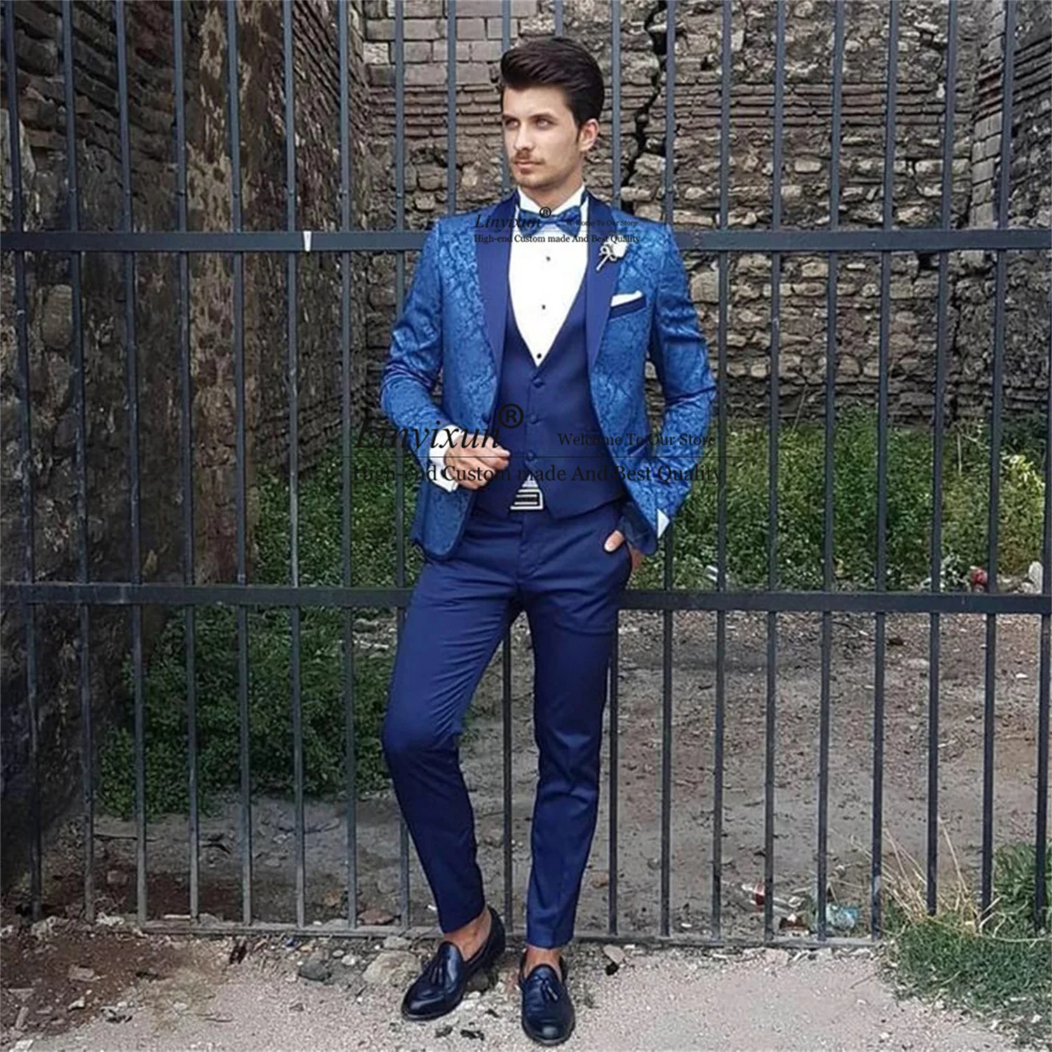 

Fashion Jacquard Mens Suits For Wedding Blue Pattern Wedding Groom Tuxedos 3 Pieces Costume Homme Jacket Vest Pants Male Blazer