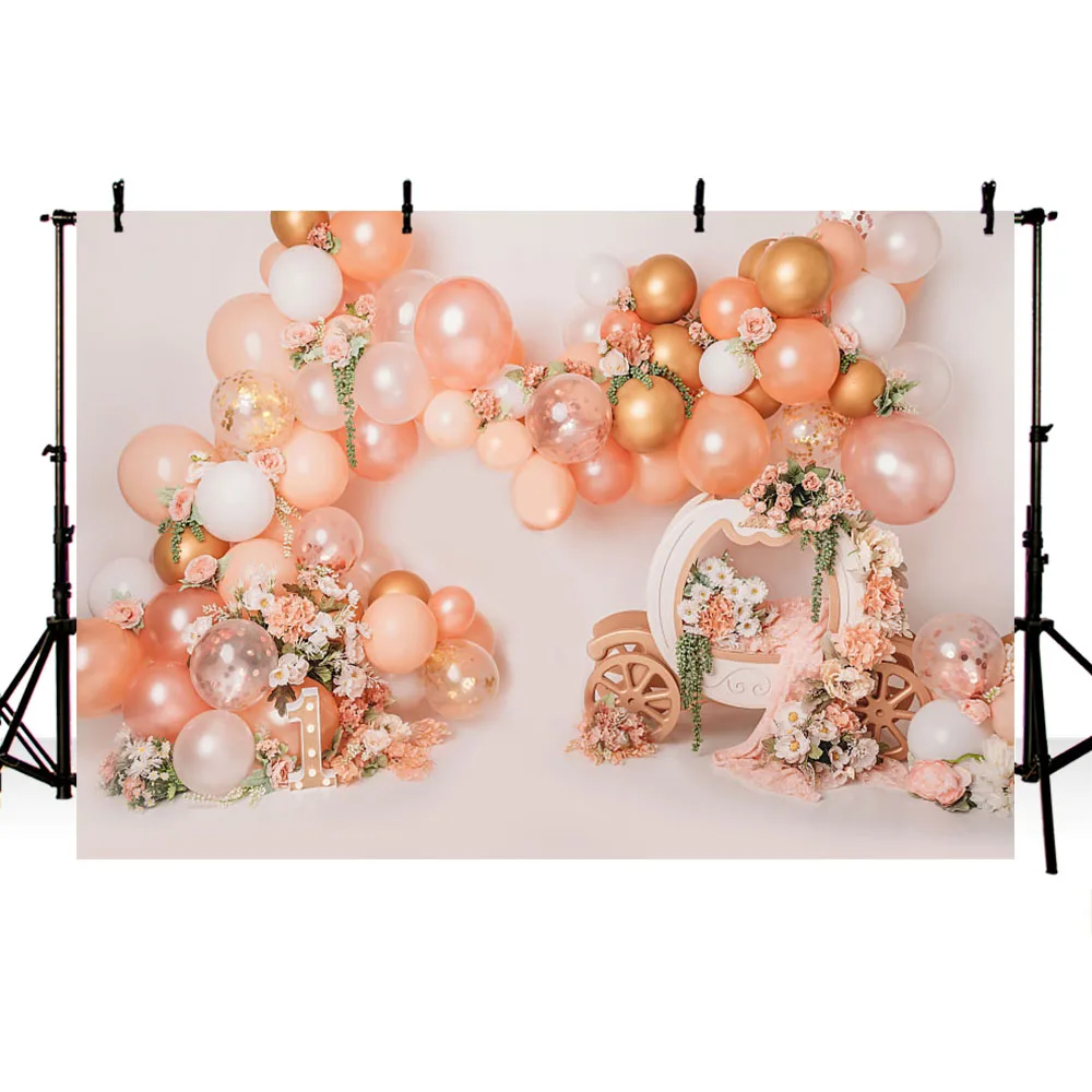 Avezano الوردي 1st عيد ميلاد التصوير خلفية فتاة سحق كعكة بالونات الزهور ديكور صور خلفية استوديو التقاط الصور