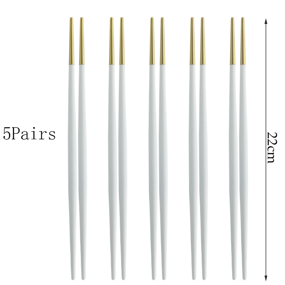 Palillos de oro blanco de lujo, 5 pares, conjunto de acero inoxidable chino, japonés, coreano, Sushi, restaurante, hogar, Hotel, longitud 22