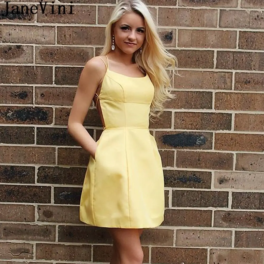 

JaneVini Yellow Maxi Dresses for Women Summer 2020 Sexy Cross-Back Satin Homecoming Dresses with Pockets Short Mini Party Gowns