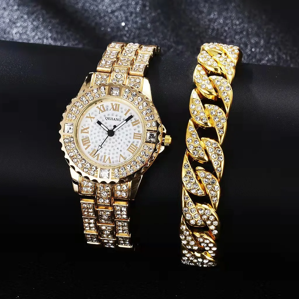 Simple Iced Out Watch + cuban Chain Bracelet for Women Bling Miami Luxury Gold Watch Women Jewelry Wholesale Relojes Para Mujer